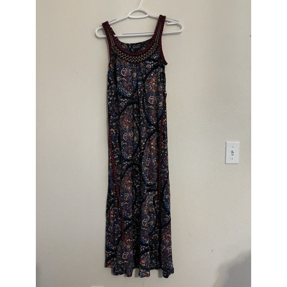Lucky Brand Boho Maxi Dress XS Navy Blue Red Paisley Braided Tie Belt Embroidery